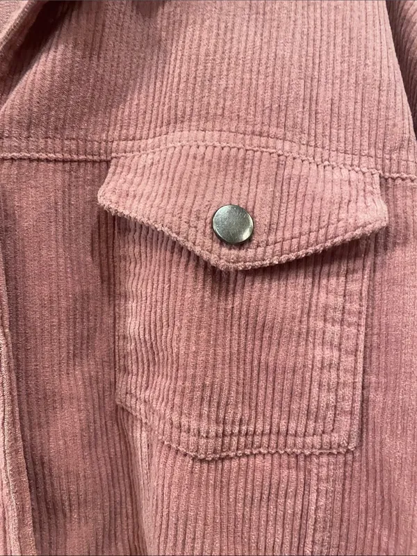 Dark pink corduroy button front shirt long sleeve ripped hem - Image 2