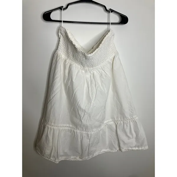 Hollister Strapless Dress Women Large White Good Embroidered Smocked Mini Pocket - Image 5