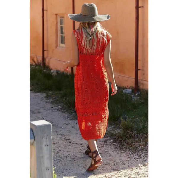 Free People FP Beach Sz L Orange Emma Fauxchet Knit Sleeveless Boho Midi Dress - Image 4
