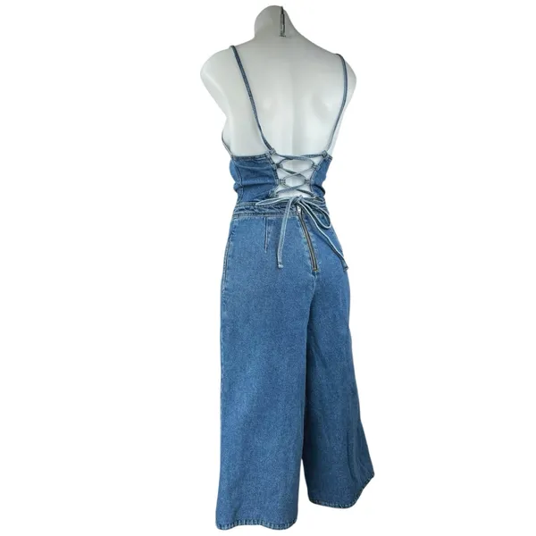 ASOS Women's Blue Sleeveless Lace Up Back Wide Leg Capri Denim Jean Jumpsuit 2 - Image 3