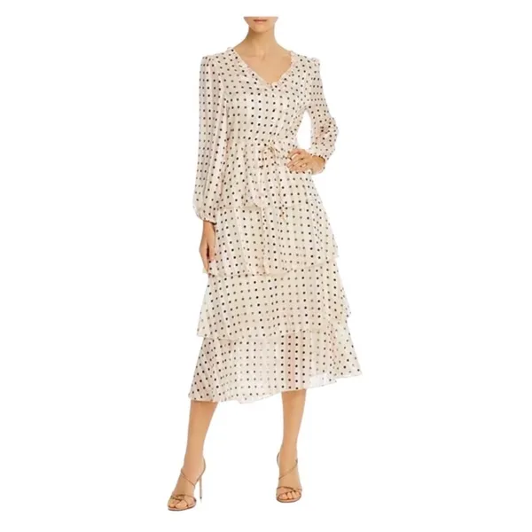 $168 NWOT O.P.T. Women's Beige V-Neck Long Sleeve Tiered Polka Dot Dress Size XS - Image 2