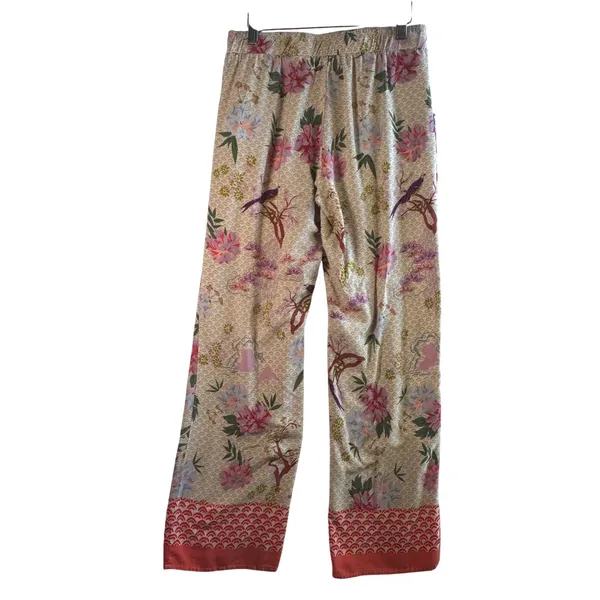 World Market Floral Wide Leg‎ Pants Viscose Cream Pink Bird Print Size S/M Boho - Image 2