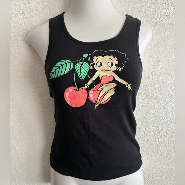 Betty Boop Cherry Black Tank Top With Cartoon Graphic M - Image 2