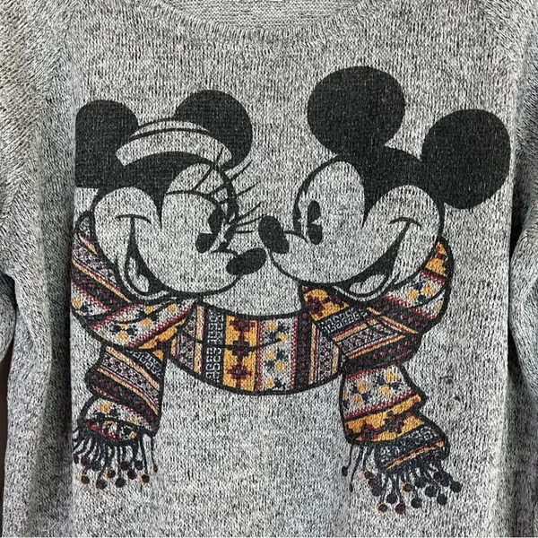Disney Parks Mickey and Minnie Winter Scarf Gray Sweater Scoop Neck Womens XL - Image 2