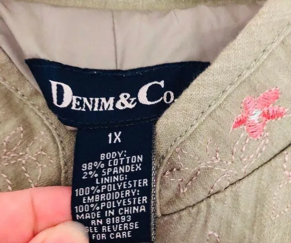 Denim & Co Vintage Floral Olive Jacket Button Up Flowers Butterflies Green Pockets - Image 6