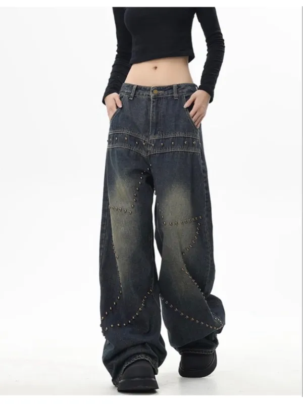 NEW Street Fashion Loose Jeans Y2k Rivet Star Gothic Loose Denim XS - Image 5