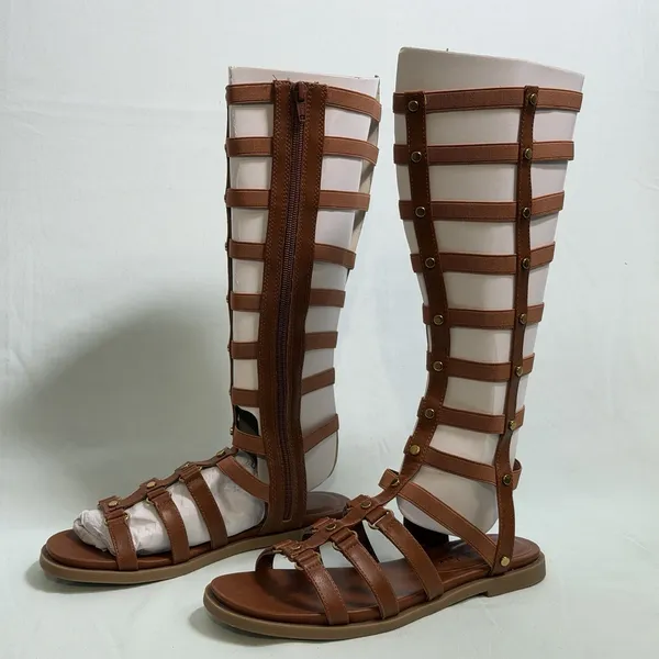 Wild‎ Pair Size-6.5M Romikaa Knee High Gladiator Sandals Brown Faux Leather - Image 10