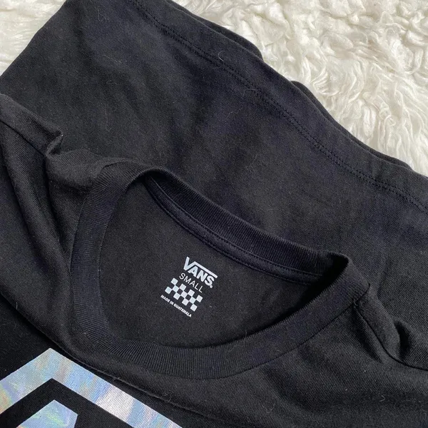 Vans Black Graphic Tee Short Sleeve Shirt Holographic Shiny Spell Out Logo - Image 5