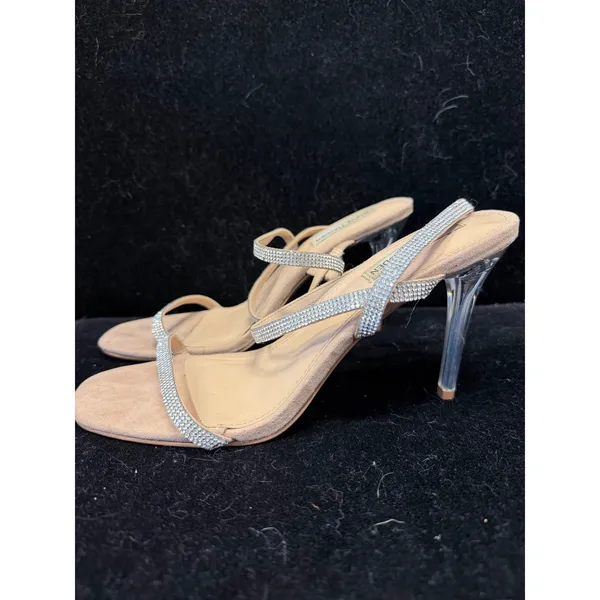 Steve Madden‎ Snappy Rhinestone Lucite Heel Sandals Tan Suede Crystal Strappy 9M - Image 2