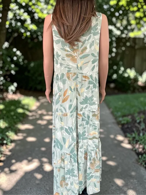 A New Day Sage Abstract Floral Tiered Maxi Dress Large 100% Rayon Boho - Image 6