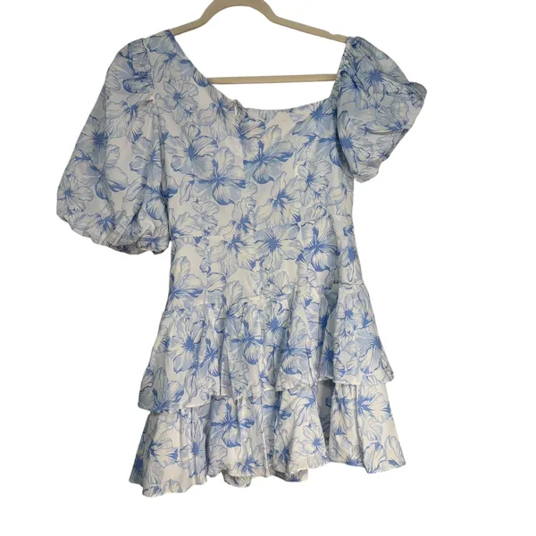 Hello Molly Blue Floral Tiered Ruffle Mini Dress Puff Sleeve Cotton Womens 6 M - Image 6