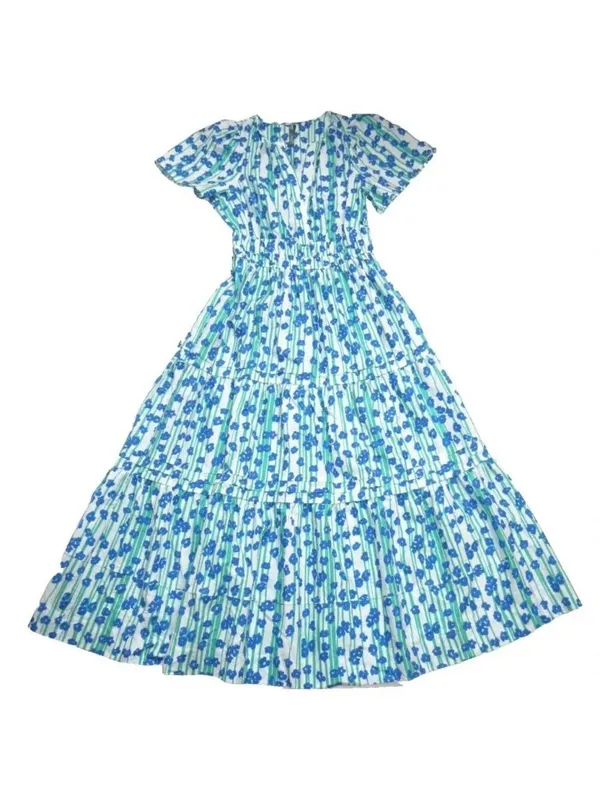 NWT Anthropologie Somerset Maxi in Blue Green Stripe Floral Cotton Tier Dress M - Image 4