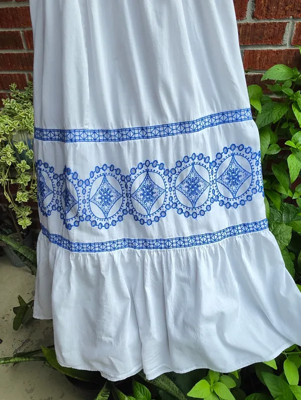 White and Blue Cotton Embroidered Maxi Dress Medium - Image 6