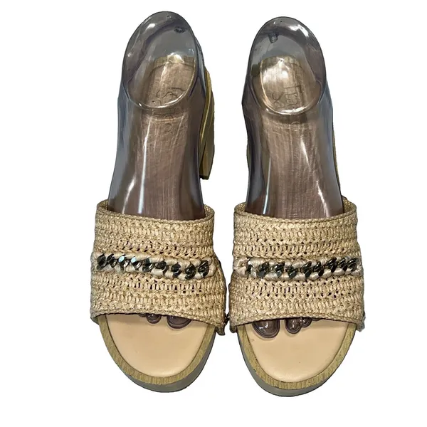 Franco Sarto Capri Clog Womens Platform Heel Sandals Straw Chain Beige Size 8 - Image 2