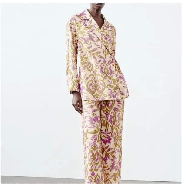 Zara Cream, Gold & Purple Floral Two-Piece Pantsuit set - Image 10