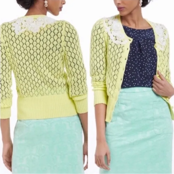 Anthropologie Sparrow Valance Lace Knit Cardigan Lime Yellow Size M Rare - Image 2