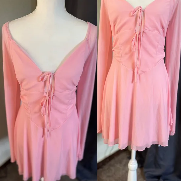 Marthea Mesh Mini Dress Womens Large Pink Tie Front Bell‎ Sleeve Coquette NWT - Image 3
