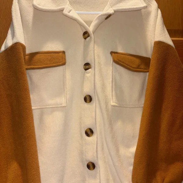 Cream and Tan Button Up Oversized Shacket Size Large Brown - Image 3