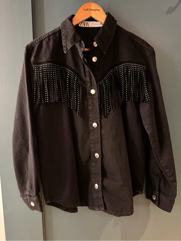Zara Black Denim Studded Fringe Western Jacket XS Shacket - Image 5