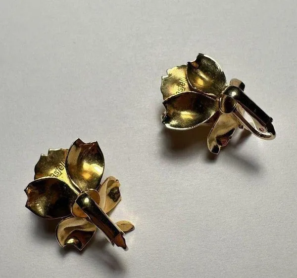 Signed Pastelli Rose Flower Gold Tone Vintage Clip On Clip-on Earrings - Image 7