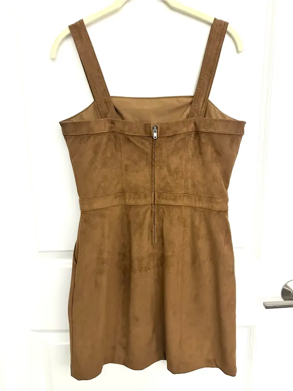 Abercrombie & Fitch Faux Suede Mini Dress Brown Square Neck Pockets Size Small - Image 3