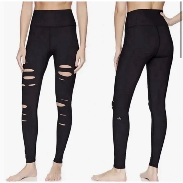 Alo Yoga Black High Waist Ripped Warrior Leggings Medium M Cutout Shredded Edgy - Image 2