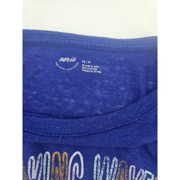 Aerie T-Shirt Womens XS Blue Making Waves‎ Graphic Short Sleeve Linen Blend Tee - Image 3
