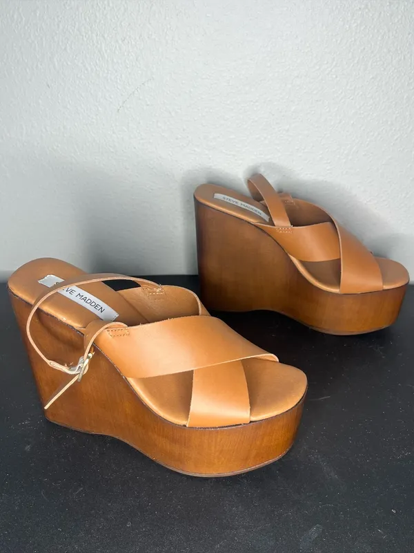 Steve Madden Cognac Leather Criss Cross Open Toe Slingback Galaxy Wedge Sandals - Image 2