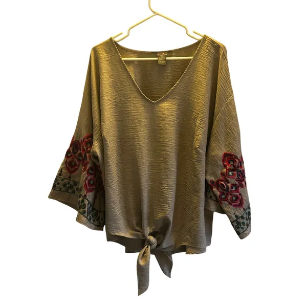 Olivia & Martin embroidered brown blouse tie front 3X - Image 2