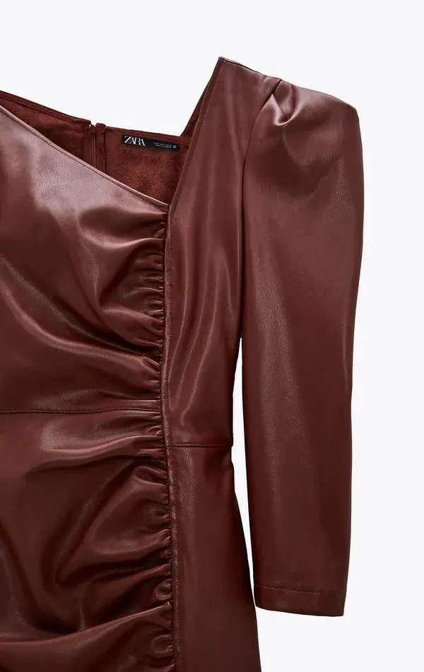 ZARA NWT Faux Leather Maroon Asymmetric Mini Dress - Image 6