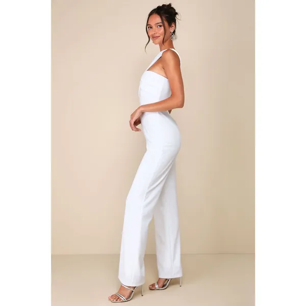 NWT Lulus Devoted to Fun Ivory One-Shoulder Sleeveless Jumpsuit Classy Chic XL - Image 7