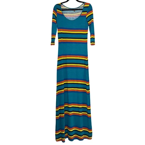 Hive & Honey‎ XS 3/4 Maxi Dress Teal Multicolor Striped Bodycon Boho Retro 70s - Image 4