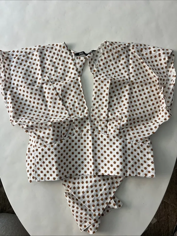 ZARA Linen Blend Polka Dot Crop Deep V Neck Tie Back Blouse Top White Mustard M - Image 4