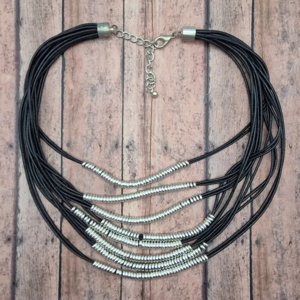Black & Silver Tone Multi Cord Strand Statement Necklace 24" Long Collar - Image 6