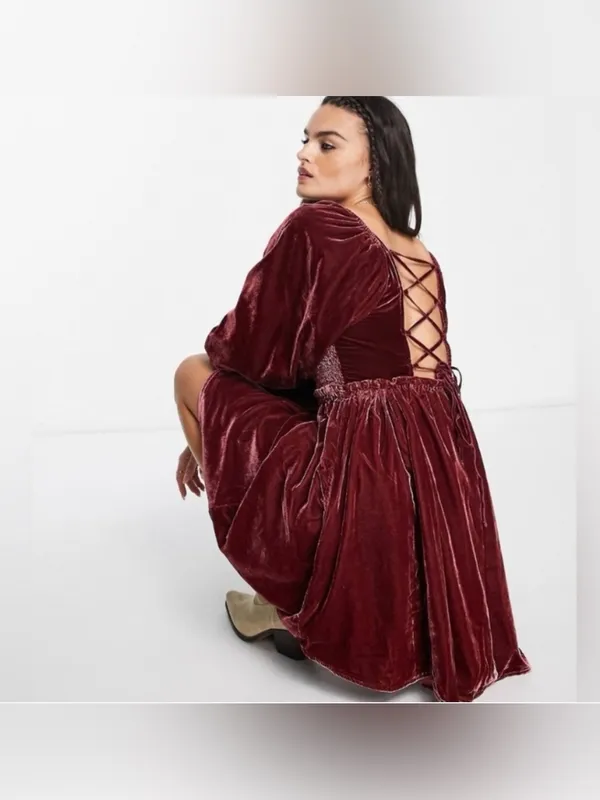 Free‎ People Daphne Burgundy Wine Velvet Babydoll Mini Dress size xs - Image 2