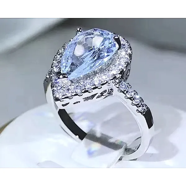 3ct Pear Halo‎ Ring | Rhodium Plated 925 Sterling Silver - Image 9