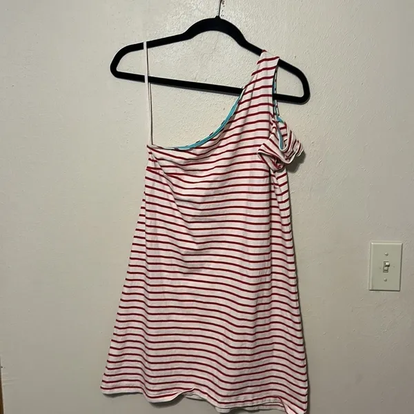 Anthropologie Maeve Red White Striped One Shoulder‎ Dress Size Small - Image 3