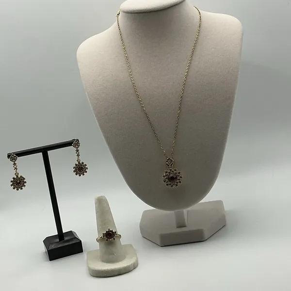 14K Gold Plated Stainless Steel Pink Crystal Necklace Earrings Ring Set NWOT - Image 2
