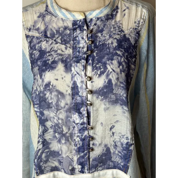 Soft Surroundings‎ Shirt Women Medium Blue Floreale Striped Popover Linen Top - Image 8