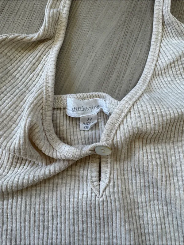 Y2K Ribbed Halter Tank with Button Keyhole in Cream - Image 2