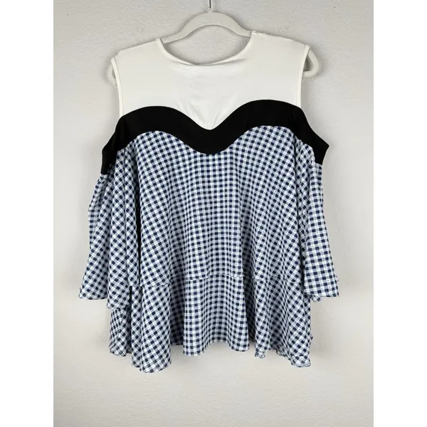P. Luca Milano Women's Off The Shoulder Gingham Tiered‎ Ruffle Blouse Size L NEW - Image 4