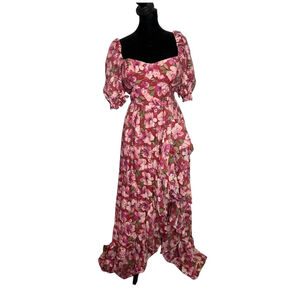Storia Floral Ruffle Maxi Dress Women L Sweetheart Neck Puff Sleeve Cottage Romantic - Image 7