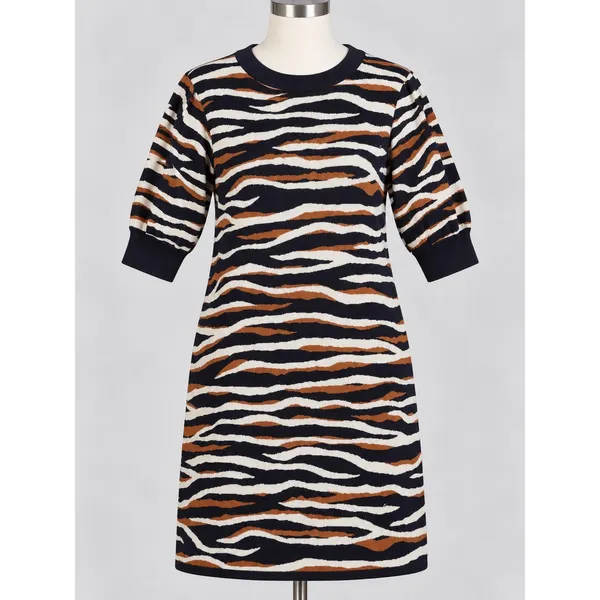 Ann Taylor Navy Cognac Zebra Print Short Sleeve Sweater Dress Large Avante Garde - Image 2