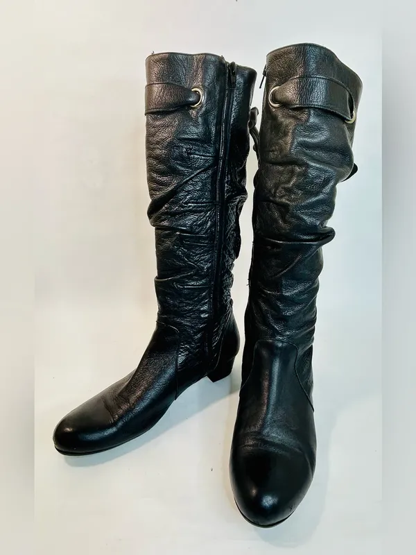 Eric Michael Web Shoemaker Black Leather Zip Knee High Boot Sash Tie size 40/9.5 - Image 2