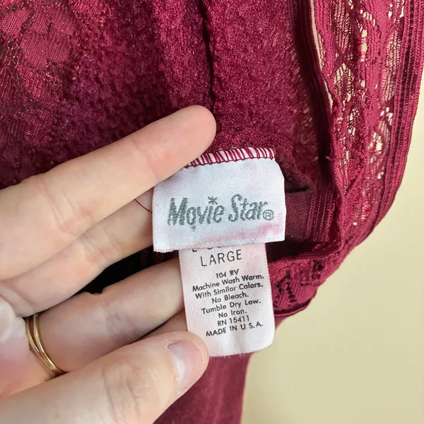 Vintage Movie Star Lace Bodysuit L Burgundy Womens V-Neck Lingerie USA Made - Image 7