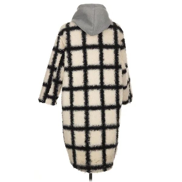 Cream Black Windowpane Sherpa Teddy Coat Gray Hood Longline Oversized Jacket - Image 2