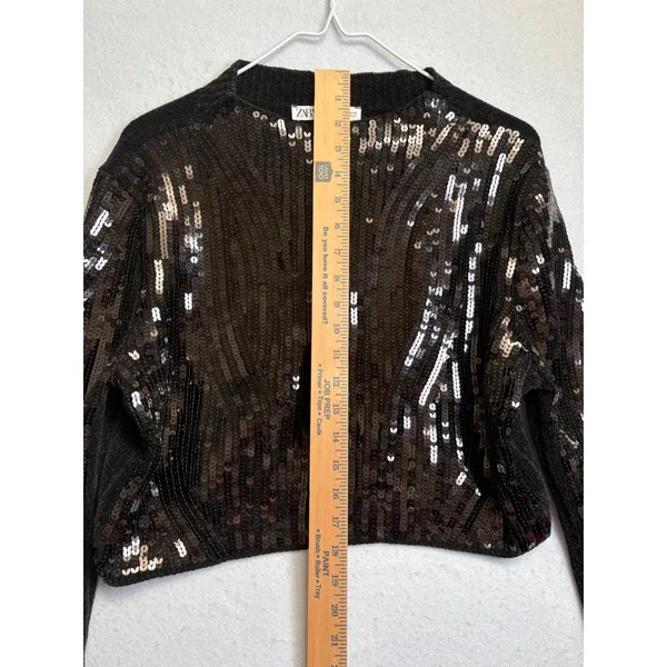 ZARA Sequin Pullover Top Black Cropped Long Sleeve Crew Neck Sweater Small - Image 7