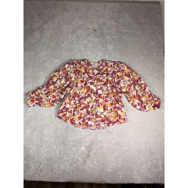 Anthropologie Maeve Femme Collarless Pink Orange Mushrooms Cotton Top M Boho - Image 5