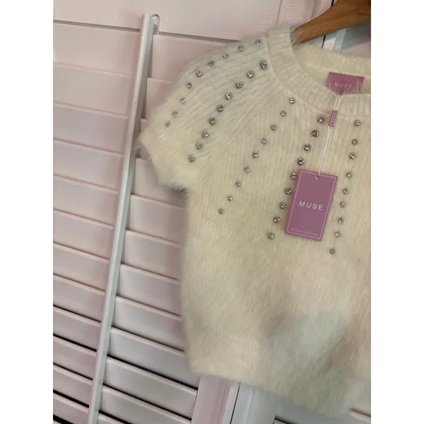 Muse Cream Rhinestone Short Sleeve‎ Sweater Size XS - Image 3