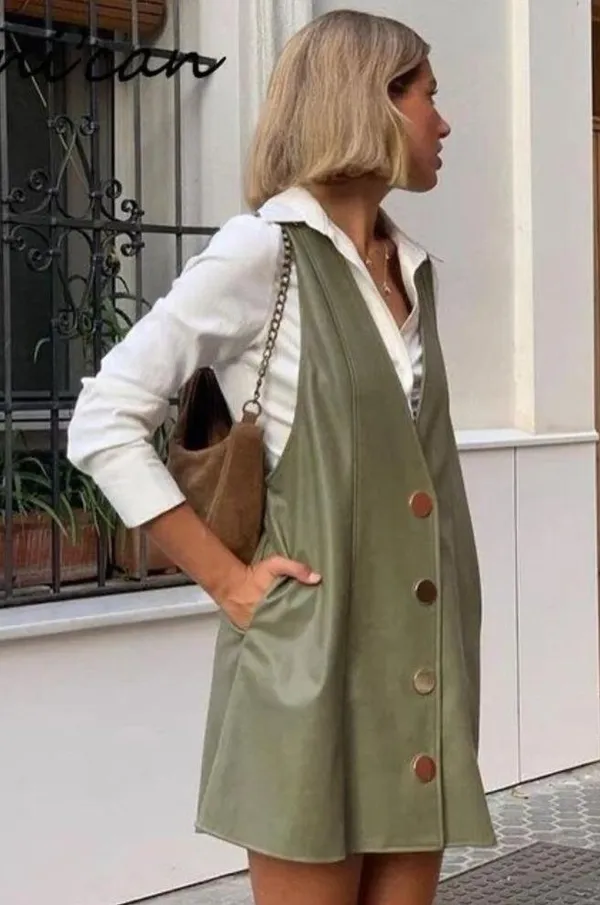 ZARA Mini PINAFORE FAUX LEATHER A-LINE V-Neck DRESS W/ BUTTONS Green SIZE S NEW - Image 5